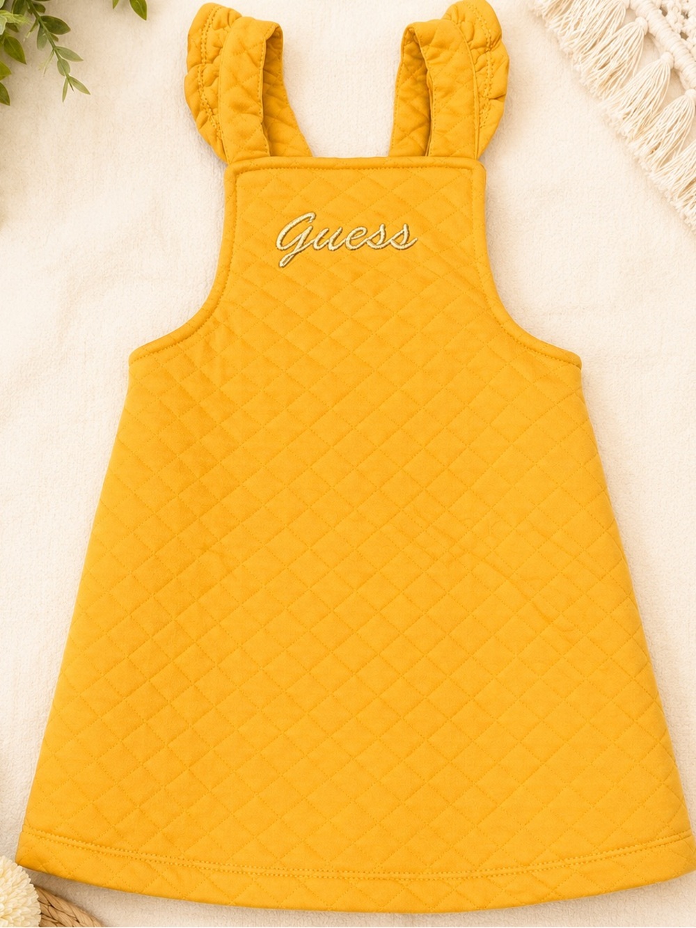 Guess Kids Mustard Quilted Jumper Dress Girls Size 4T Ruffle Strap Embroidered L